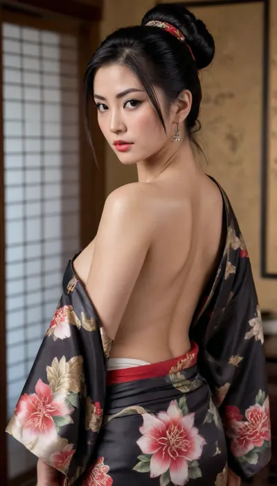 A stunning Yakuza woman in her mid-30s, portrayed in an artistic and sensual composition. She stands in a traditional Japanese room, soft warm lighting casting subtle shadows on her flawless skin. Her long black hair is tied in a sleek bun with loose strands framing her sharp, commanding face. Her eyes are intense and seductive, exuding quiet power. A richly detailed, half-slipped silk kimono reveals the intricate full-body irezumi tattoos on her back and arms. Her bare chest is tastefully exposed, blending beauty and danger, strength and vulnerability. She holds a folded fan in one hand, her posture proud and elegant, her other hand resting calmly on her hip. The image balances eroticism with grace—never vulgar, always artful.