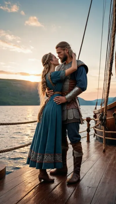 Man, Scandinavian warrior, Viking in full gear, long sword on his belt, stands on the deck of a drakkar, (Scandinavian warship), ((embracing a girl in Slavic dress)), fjord at sunset, full body in the frame, full body is visible, ((side view)), full-color image, super detailed image, 8K quality