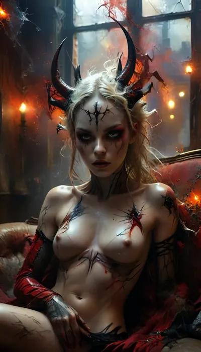 A skiny slender nude black african gothic demon woman with very long black horns, white skin, medium breasts, small buttocks, very long gold hair with blonde highlights, lying on a torn velvet couch in a dystopian apartment, open legs, hairy pussy, her body partially covered by shadowy wisps and a tattered black spiderweb veil., ((red spiderweb tattoos around the body)), Neon lights from the city outside cast a crimson glow through broken windows, emphasizing her silhouette. Hyper-realistic, dark fantasy style, intricate details on horns and fabric, moody cinematic lighting, art by Luis Royo and Julie Bell, (best quality), (detailed), (wallpaper), (cinematic lighting), (sharp focus), (intricate), drkms, <lora:MJ52:.7>, <lora:xl_more_art-full_v1:.6>, <lora:DarkGrimFantasyXL-000004:.5>