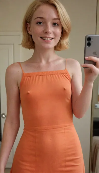 A braless smile: an orange dress reflection of self-love and comfort
