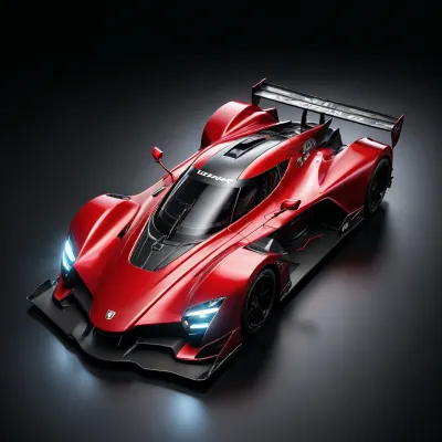 masterpiece, best quality, ultra-detailed, 8K, photo-realistic, full body, isometric view, from front, cyber world, red racing_car parked, (simple black background:1.2), under lighting