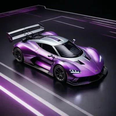 masterpiece, best quality, ultra-detailed, 8K, photo-realistic, full body, isometric view, from front, cyber world, purple and silver racing_car parked, (simple black background:1.2)