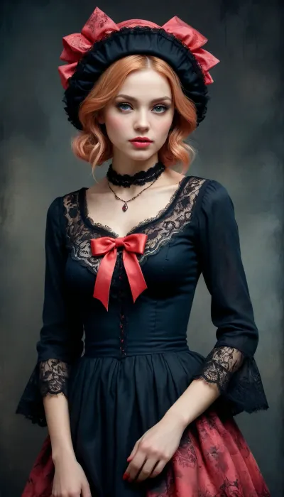 Full Body, 8k, RGB, HDR, oil paints, watercolors, bright saturated colors, Anna Razumovskaya, Jarek Kubicki, Aleksi Brilo, Darek Zabrotsky, Sakimichan, Loisch, Aminola Rezai, photo RAW, black, dark red, Mixed media collage., beautiful face. Calligraphy, gouache wash, pen sketch, thin lines, vintage illustration style. Black, white, coral pink, red, blonde hair, beautiful patterns, ral-melting, whdbd, blue, dress, jewelry, necklace, bonnet, long, sleeves, bow, lace, trim, frills, pantyhose, <lora:ral-melting-sdxl:.5>, <lora:whdbd XL:.8>