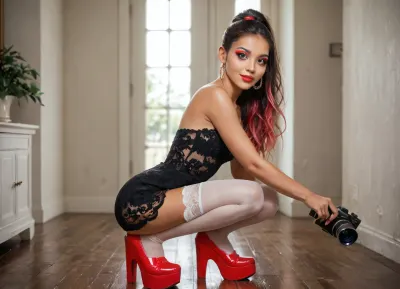 beautiful woman, slender, very cute tall, (very small breasts), beautiful eyes, open eyes, beautiful, attractive, natural beauty, slim latina, very very very by but yes long black straight hair, high ponytail, ((black short lace dress)), ((white lace stockings)), ((red platform shoes)), rainbow makeup, deep red lips, ((in her pink room)), he crouches with legs wide apart, with camera in hand, (((he is holding a foto camera in his hand))), whole body visible, delicate smile, (best quality), (realistic, photorealistic), (high detailed skin), soft lighting, sharp focus, high quality, beautiful proportions, (wide hips), thick, thin arms, natural light, vulnerable, innocent, sexy