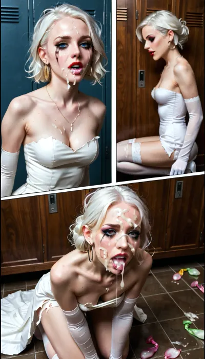 (((Multiple panels:1.6))), (((before and after:1.9))), pale skin, changing room, (sad face:1.1), (pale white skin:1.4), albino skin, (white hair), messy hair, (zoomed out view:1.3), wedding dress, white stockings, white elbow gloves, (smeared makeup:1.1), (running eyeliner:1.1), (smeared eyeliner:1.1), cleavage, torn clothes, small breast, perky breasts, skinny face, sharp face features, skinny legs, small ass, skinny thighs, shaved pussy, (cum on face:1.5), (excessive cum leaking from mouth on to chest:1.1), (excessive cum leaking from pussy:1.1), cum on pussy, kneeling, lifting dress up to expose pussy, used condoms, running, dribble, from, tongue, tears, in, mouth, chin, nose, lip, forehead, lipstick, smear, crying, gagged, gagging, oral, invitation, after, fellatio, cum, on, face, cumshot, cumfacial, facial