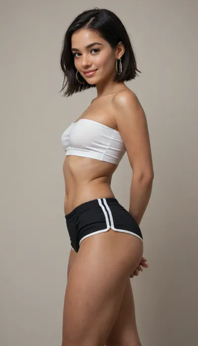 short thick hispanic girl, 18 year old, soft curvy body, wide hips, dark skin, thick thighs, boyshorts panties, white tube top, braless, small natural breasts, long straight black hair, sexy smile, very short, thick body, slutty smile, side view