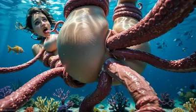 High-definition, 20 meters underwater, (1man, half-octopus man with very many tentacle arms but the torso of a man and a huge cock:1.3), (floating above the seafloor in zero gravity), (1woman, large, breasts, a helpless and beautiful female scuba diver wearing a full-face scuba mask over her eyes and a one-piece swimsuit), (dive knife has fallen from her hand and an empty sheath is strapped to her thigh:1.1), (the monster is mounting her and impregnating her with its tentacles:1.3), (multicolored tentacles), (doggy sex position), (full-face scuba mask:1.4), (air bubbles leaving her mouth:1.4), (orgasm face:1.4), (ahegao:1.1), (double penetration:1.3), (tentacles in pussy), (tentacles in ass), (tentacles wrapped around her body:1.4), (deep underwater:1.3), (lots of fish:1), (detailed face and eyes:1.3), (facing viewer:1.3), (close-up view of face:1.2), (precum:1.2)