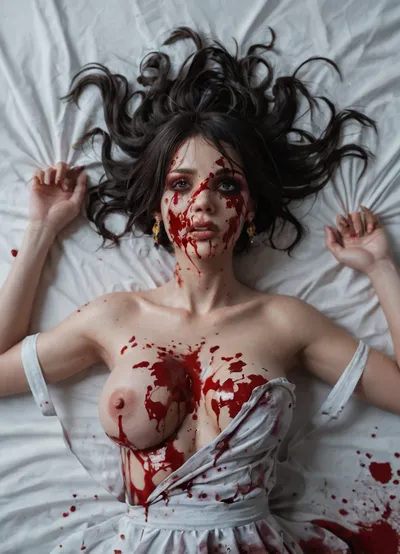 Sexy girls body laying on a bed, (blood covered face), dark hair, bleeding from her head, blood covered body, top half view, extreme gore, dead expression, dead girl, massive round titties covered in blood, (bloodstained white sheets), top view
