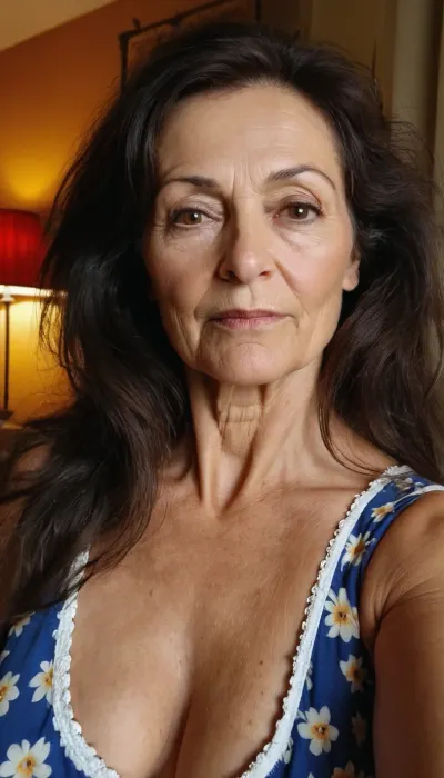Sexy old granny, 65 years old, dark brunette, long hair, very tall, very curvy, small tits, very tiny boobs, wide shoulders, orgasm horny sexy face, in the morning, sleep face, messy hair, cute pj's, granny woman, looking at the camera, selfie, face focus