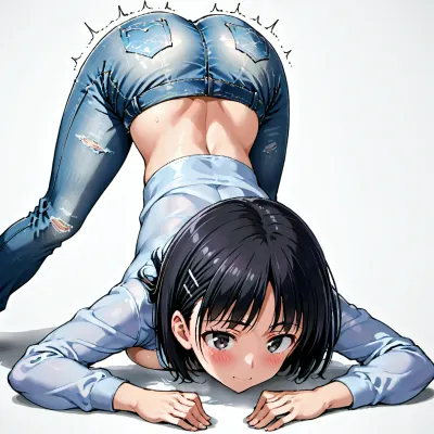 Suguha Kirigaya, body trembling, white background, tight jeans, face down, ass up, solo