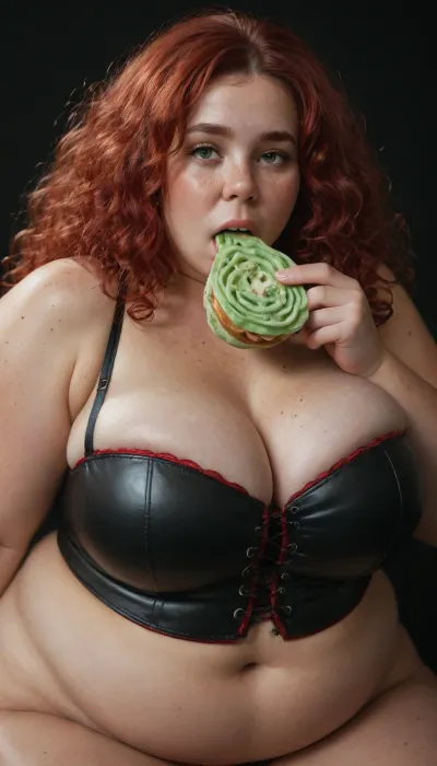 (((3/4 view))), 1 girl, very chubby woman, (bbw, fat:1.5), (freckles:1.5), (bright green eyes:1.5), (red hair:1.7), (extreme long, (red), curly hair), busty, (wearing black leather bustier), mouth open, (inside), (((black background))), giant boobs, eating a small lolly