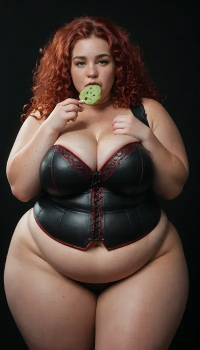(((3/4 view))), 1 girl, very chubby woman, (bbw, fat:1.5), (freckles:1.5), (bright green eyes:1.5), (red hair:1.7), (extreme long, (red), curly hair), busty, (wearing black leather bustier), mouth open, (inside), (((black background))), giant boobs, eating a small lolly