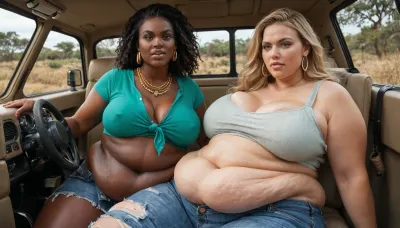 a beautiful, white, extreme fat, obese, cellulite, fattened 40 years old, ssbbw milf, (wears only a torn top and a opened short jeans), with a fat, double chin face and long blonde hair is groped and fucked by two young, angry, horny, skinny black african native boys, (they have small cocks), on a safari jeep in the african savannah