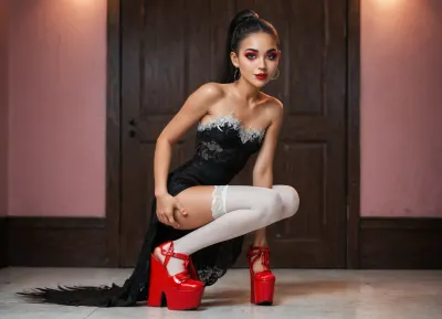 strikingly beautiful woman, slender, very cute tall, (very small breasts), beautiful eyes, open eyes, narrow shoulders, beautiful, attractive, natural beauty, slim latina, very very very long black straight hair, high ponytail, ((black short lace dress)), ((white lace stockings)), ((red platform shoes)), rainbow makeup, deep red lips, ((in her pink room)), he crouches with legs wide apart, with camera in hand, (((he is holding a foto camera in his hand))), whole body visible, delicate smile, (best quality), (realistic, photorealistic), (high detailed skin), soft lighting, sharp focus, high quality, beautiful proportions, (wide hips), round ass, thick, thin arms, natural light, vulnerable, innocent, sexy