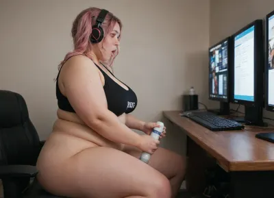 side view, view is from the side, 1 girl, very chubby woman, (bbw, fat:1.4), very bright pink hair, pigtails hair, busty, wearing a gaming headset, wearing black sports bra, (breasts exposed), sitting at a computer desk, one leg on desk, (female masturbation, Hitachi magic wand:1.4), ((intently watching computer monitor)), mouth open, (computer monitor shows image of female masturbation), background is a dark room with black walls, only light source is monitor screen