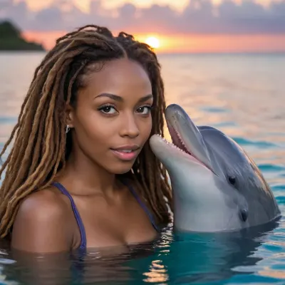 A beautiful, slender Jamaican woman, pretty coquettish face, large beautiful crystal eyes, light glowing irises, heartshaped lips, lip gloss, Colorful long dreadlocks, jamaican colors, (((she play with a Dolphin))), She is in the ocean, high waves, sunset, looks at viewer, night vision, soft focus
