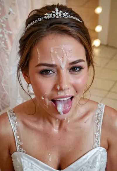 3/4 body shot of happy woman wearing wedding dress with cum on her forehead, facial, <lora:Facials:.5>, open mouth, (cum in mouth:1.3), <lora:JustCum:.5>