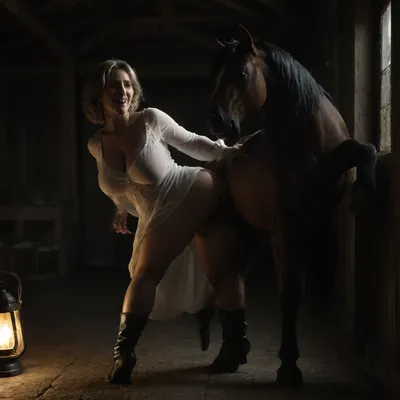 In stable beautiful MILF with big boobs, (MILF:1.7), stands with cancer under a horse in the stable, and a big horse fucks her in the vagina, the milf is very happy, laughing merrily with her mouth open, vaginal sex, huge cock in an extremely stretched vagina, whole body, tilt, doggy style, half- boots, the hem of a translucent shirt is pulled up, huge tits fell out, they hang, husband standing at the gate with a lantern in his hand and in a nightgown, eyes bulging in amazement, (horse fuck), (horse sex in stable), (Perversion with a huge sex slit), moonlight, night, side view, teeth, braces, <lora:sd_xl_dpo_lora_v1:.8>, <lora:TeethXL:1.1>, <lora:dark:.6>