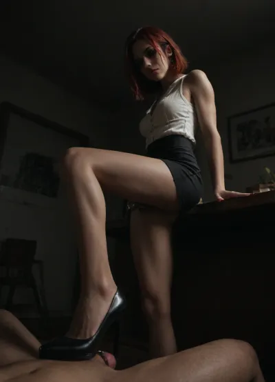 side view, Standing foot job with one leg, score_9, score_8_up, score_7_up, (slim:1.4), (realistic), 4K, (leaning to viewer:1.4), (short red wild hair:1.3), (muscular legs:1.4), (black heels:1.4), (natural tshort black skirt:1.1), (white blouse:1.1), highly detailed, detailed face, detailed legs and feet, bdsm room, low dim light, hands on her waist, red feet nails, pov, Below, Sexuality, low_angle_human, footstomp, barefoot, feet, foot, focus, soles, toes, very very small penis, foreshortening, view, from, below, chastity cage, (((penis is locked in chastity cage))), upskirt view, nude vagina, naked pussy, wicked, angry face, (sexy makeup:1.3), femdom, five fingers, large full lips, wide jaw, snub-nosed, (milf), standing, domination, misstress, cruel, (perfect pussy:1.2), (office as background:1.2), harness, garter, straps, cupless, bra, <lora:Harness_Straps_sdxl:1>, <lora:dark:.5>, <lora:602270_training_data:.8>, microskirt, extremely, short, skirt, <lora:MicroSkirt_XL:.8>, <lora:193712_training_data:.8>
