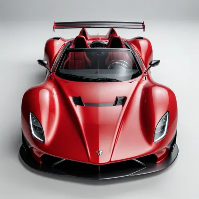 masterpiece, best quality, ultra-detailed, 8K, (photo-realistic:1.3), full body, from front, symmetrical Edged shaped car, metallic Red Convertible prototype racing_car parked, Black brush-line decoration, large rear-wing, front-wing, winglet, shark-fin, Muffler on the upper rear surface, (simple white background:1.2), under lighting, neon light on floor, no_human