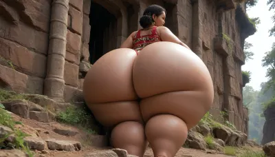 (((a fat heavy woman with a gigantic ass, (Hyper thighs:1.2), hyper ass, (wide hips), thick thighs, chubby calves, chubby, african race))), in a temple made of trees, tribal clothes, climbing a cliff
