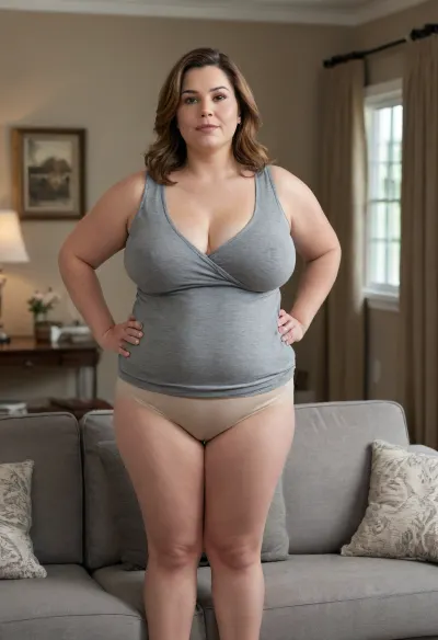 1/2 side view, The image shows a obese mature woman with a short stature, standing in a living room setting. A dark grey couch with patterned throw pillows is visible in the background, suggesting a casual, homey environment. The walls are a neutral beige color, and a framed mirror hangs on the wall behind her to the left.
The woman has shoulder-length brown hair with balayage highlights, styled in soft layers that frame her face. She is looking directly at the viewer with a seductive expression. Her features include soft, slightly rounded cheeks and a subtle smile.
She is wearing a low-cut, black, v-neck sleeveless t-shirt. The t-shirt reveals her cleavage and the natural shape of her large breasts, which are saggy, and droopy. Her figure is full and curvy, with a noticeable fat belly. Her hips are wide, and her thighs are thick, showing visible cellulite. She is wearing tight shorts that part of a set with the t-shirt.
The lighting in the image is soft and diffused, casting gentle shadows and highlighting her features and body shape without harshness. The overall tone of the image is natural and unposed, focusing on the woman's appearance in a relaxed setting. Cameltoe, bottomheavy, big, ass, huge, gigantic, thick, thighs, massive, <lora:bottomheavy_v1_sdxl_tags:1.4>