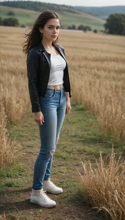 score_9, score_8_up, score_7_up, (Western Comics), (Belén Rodríguez), cute, seductive, innocent, long, straight hair, floating hair, (light smile:.3), wearing leather jacket and ripped jeans, high white ankle boots with thick soles, picturesque, sharp, colorful, ultra cinematic, blue and yellow, dim colors, (wheat field background), (Full body photo), (depth of field), (dynamic angle), (ultra detailed, high quality texture), (sharp), (artistic image)