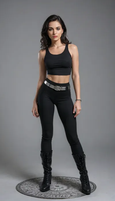 man, womanly, pixie, black hair, model, waist, standing, looking at viewer, grey background, wearing Donna Troy costume, black yoga pants, black tank top, silver high heels boots, knee high boots, silver belt, (black neckband with a silver circle in front:1.3), long silver arm bracelet, (bracelets start at wrists and end at elbows:1.3)