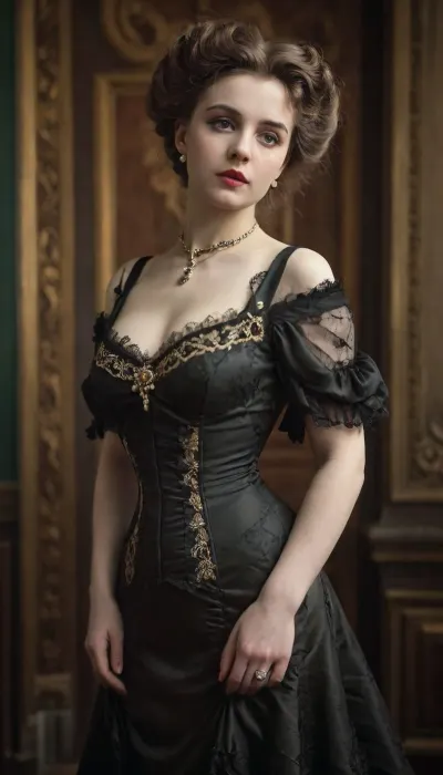 sultry aristocrat model, the! most! beautiful!, pinup, intricate dress, victorianstyle, 1880s, gothic revival style, RAW photo, analogue style, depth of field, photography by Natalia Drepina, <lora:victoriansxl_v1:.6>