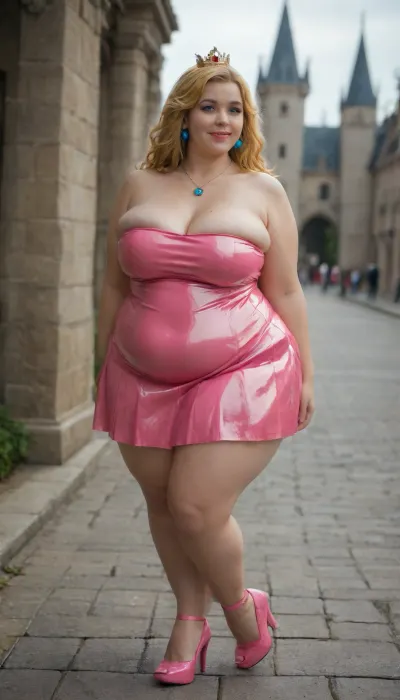 1 girl, character Princess Peach, full body image, very chubby woman, (bbw, fat:1.6), very busty, full pink lips, small crown, bright yellow hair, pink latex strapless dress with long pleated skirt, blue earrings, necklace with blue pendant, pink high heel shoes, smiling, posing, castle background