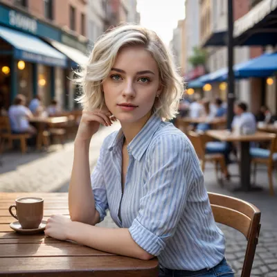 A young woman with short white wavy bob hair, wearing a white and blue striped shirt, sitting at an outdoor café table. Her head is turned slightly to the side, not looking directly at the camera, as if lost in thought or observing something nearby. The shirt is casually unbuttoned at the collar, adding a relaxed vibe to her look, and the sleeves are rolled up, hinting at a comfortable, laid-back moment. On the table in front of her is a cup of coffee with steam gently rising from it. The background shows a busy city street, with buildings and cars, under a bright sunny sky. The light reflects off the buildings, creating a calm, peaceful atmosphere, while the angle and soft focus of the camera emphasize the quiet moment amidst the lively city.