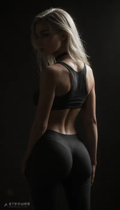 (score_7_up, score_8_up, score_9, 1girl, solo, masterpiece), (portrait rear view), (skindentation:1.1), sultry, seductive, seducing, alluring, intimate, sexual, horny, ((long white hair)), ((black yoga pants), 18yo girl, (athletic skin body), (narrow waist:1.4), ((hip gap)), insatiable, lustful, erotica, irresistible, ziprealism, little underboob black crop-top, black choker, blue eyes, (black background, chiaroscuro lighting:1), <lora:sunnyrayyxo_v1_SDXLBase:.4>, <lora:dark:.6>)