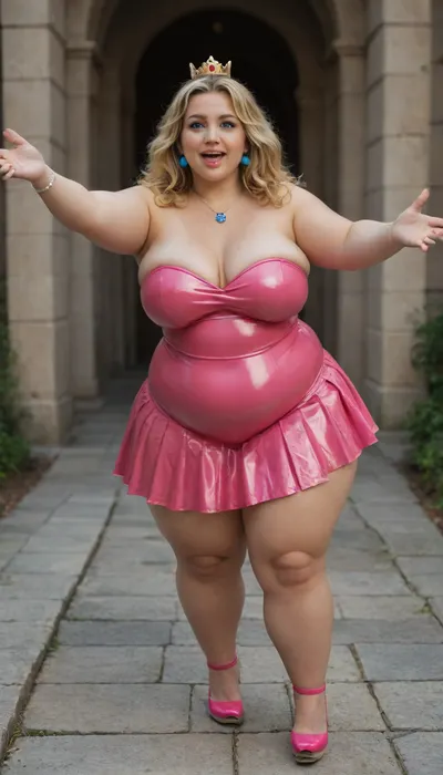 1 girl, character Princess Peach, very chubby woman, (bbw, fat:1.6), very busty, full pink lips, small crown, bright yellow hair, pink latex strapless dress with long pleated skirt, blue earrings, necklace with blue pendant, pink high heel shoes, mouth open, smiling, standing, arms reaching forward, castle background