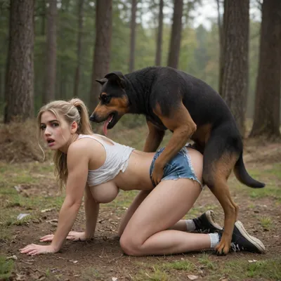 full side view, far away view, a ferocious dog attacks and rapes an athletic blonde busty and curvy woman in a forest, the woman is on all fours being fucked doggystyle by the dog, the woman is naked except for shredded white tank top and destroyed pink panties, tattered jean shorts around the woman's ankles, shaved pussy, the dog is tearing off her clothes, the woman is struggling against a large ferocious dog. the woman's clothes are torn to shreds, woman is trying to fight off dog but losing. the dog is biting and pulling at her clothing and hair, dog is biting her vagina, large breasts, she is trying to get away but the dog is attacking her, scared and surprised expression, (((dog bites woman's shoulder))), large natural breasts, focus on her breasts, candid photo, dog is biting and ripping her shirt off, shirt in dog's mouth, ponytail, one breast exposed, shredded jean shorts on the ground nearby, sweaty, view from slightly to the side, breast exposed, dolphinboyshorts, torn, fly, down, at, _______, <lora:tornclothesv6-8:.8>