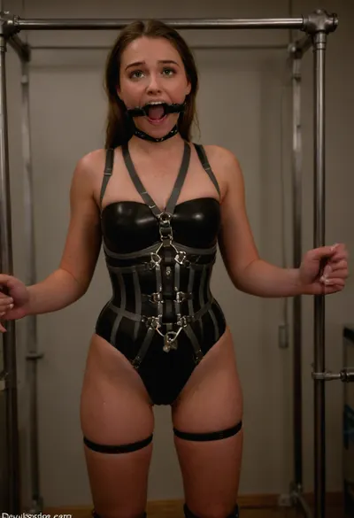 a girl, 18 years old, young face, full body visible, She stands inside a steel U-frame with arm braces extended outward and legs spread into locked boot restraints. A modular chastity belt with electro-pad attachment sits tightly across her hips, visibly connected to a wall-mounted controller. Her chest is strapped with medical-grade elastic bands for breath control analysis. A braced head-harness holds her jaw open beneath a dental speculum gag, tubes running from her mouth to a fluid dispenser. The room is silent, sterile, lined with drawers labeled by function, “Clamp Sets, ” “Inflation Tools, ” “Sedation Options.”, ball, gag, spider, bit, ring, <lora:gagged-4e:.8>