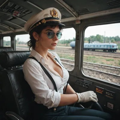 Train conductor, 1950s. score_9, score_8_up, score_7_up, 1girl, pin-up, goggles, solo, gloves, hat, ground_vehicle, goggles_on_headwear, smoke, motor_vehicle, hand_on_hip, suspenders, goggles_on_head, locomotive, 1950, train, cleavage, large_breasts, wide_hips, inside_locomotive, driving_a_train