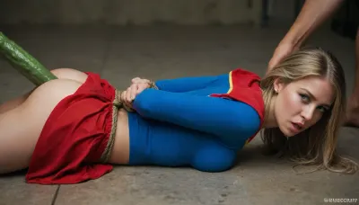 22-years-old girl, Lying face down, using supergirl uniform, side view. looking to the viewer, long blond hair, perky small tits, big ass and a pale skin, ((her hands were tied behind her back)), UHD 8K, extreme realism, maximum detail, she is screaming in pain, a black guy is lying over her pulling her hair, doing anal sex, deep anal, she is crying with tears on her face, armbinders, rope, (red boot), (red skirt), (red cape), wearing, supergirl, outfit, with, cape, (big green rock close to her), (green dildo on her mouth), <lora:SDXL_BDSMArmbindersXL:.8>, <lora:SDXL1.0-LoRa_Zeitgeist-Supergirl-Outfit_by-AI_Characters-v2.0:1.5>, (big green rock on the floor), (supergirl shirt)