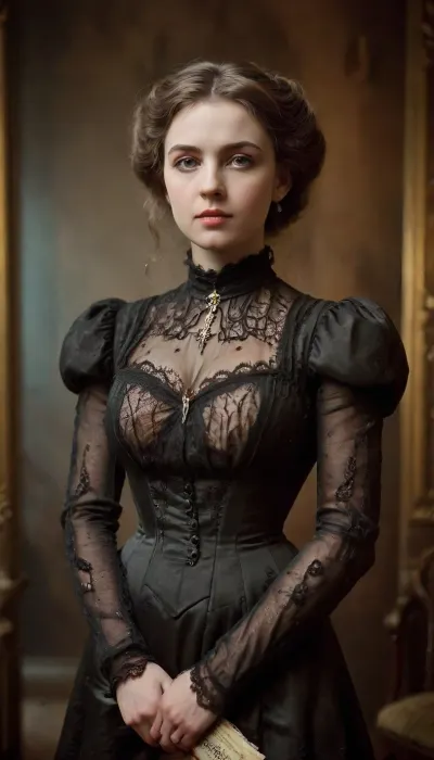 sultry aristocrat model, the! most! beautiful!, pinup, intricate dress, victorianstyle, 1880s, gothic revival style, RAW photo, analogue style, depth of field, photography by Natalia Drepina, ral-melting, <lora:victoriansxl_v1:.6>, <lora:ral-melting-sdxl:.8>