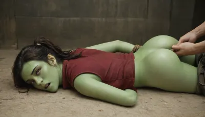 22-years-old girl, Lying face down, using naked, side view. looking to the viewer, long black hair, perky small tits, big ass and a green skin, ((her hands were tied behind her back)), UHD 8K, extreme realism, maximum detail, she is screaming in pain, a black guy is lying over her pulling her hair, doing anal sex, deep anal, she is crying with tears on her face, armbinders, rope, (dark red boot), (dark red shirt), \, gmra, woman, coat, vest, pants, yellow, uniform, ponytail, skswoman, <lora:SDXL_BDSMArmbindersXL:.8>, <lora:Gamora:1.3>, (she has some scars over her body)