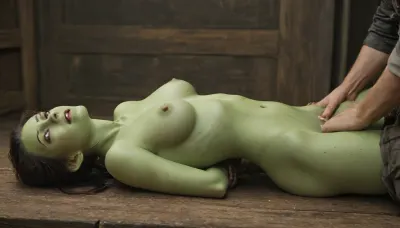 22-years-old girl, Lying face down, using naked, side view. looking to the viewer, long black hair, perky small tits, big ass and a green skin, ((her hands were tied behind her back)), UHD 8K, extreme realism, maximum detail, she is screaming in pain, a black guy is lying over her pulling her hair, doing anal sex, deep anal, she is crying with tears on her face, armbinders, rope, (dark red boot), gmra, woman, coat, vest, pants, yellow, uniform, ponytail, skswoman, (she has some scars over her body), (naked), <lora:SDXL_BDSMArmbindersXL:.8>, <lora:Gamora:1>
