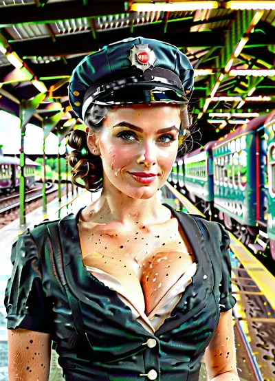 vintage 1950s setting, young female train conductor, early 20s, brunette hair pinned up in a classic 50s hairstyle, light blue eyes, pasty white skin, short black dress uniform with cap, train station platform background, hot and sweaty face, dirty forehead, smudged makeup, curly hair slightly undone and messy, damp armpits and sides, cleavage, low-cut dress showing ample bosom, black stockings, black heels, confident smirk, sultry gaze, dark circles under eyes, tired but still alluring, high-definition, ultra-realistic, dramatic lighting, 4k resolution, soft focus background, shallow depth of field., (((very detailed face))), . Provocative pose, teasing, smiling with teeth.