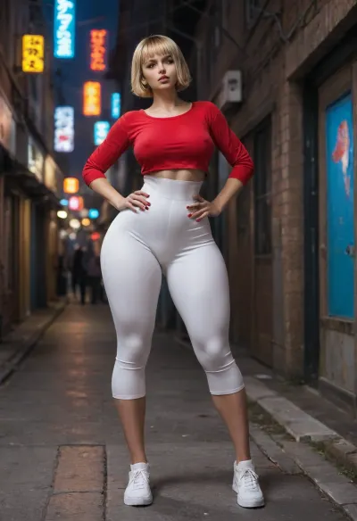 (((tight fitting glossy red one piece high cut))), (((blonde short hair in square hair))), skinny skin, beautiful face, (oversized thick thighs:1.4), medium rounded breasts, (((medium rounded breasts:1.5))), bitting lip, waist, bimbo lips, (oversized wide hips:1.5), standing near street lighter, (((full body view))), night neon city, hands on hips, neon city lights, dark alley, sexy pose, white sneakers