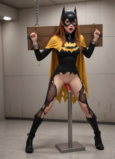 Orgasm, moaning, screaming pleasure, sexy 25 y/o with big boobs and skinny toned waist wearing thick black chain bondage and iron neck choker handcuffed to pink shiny shower floor, (massive boobs), (skinny waist), iron chains connected ankles to floor, (wet skin), dildo shoved in pussy, huge, ass, breasts, big, hips, narrow, waist, in, Stocks, Pose, Cuffs, on, Ankles, and, Wrists, batgirl, (yellow cape), (black boots), using a black mask, (batgirl), (torn costume), <lora:BodyLicious:1.1>, <lora:BondageXcrossV1--In Stocks Pose:.8>, <lora:batgirl [zzqnml1903bf6dc01mdc2]:1.1>, (joker cum her face), (black guy doing anal sex), (deep anal)
