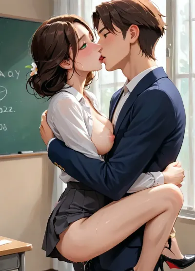 masterpiece, best quality, highly detailed, (anime:1.2), BREAK, (sideview, male college student is carrying female teacher in his arms, her arm around him as she is lying in his arms:1.4), ((a gorgeous 35 year old mature white female teacher being carried by a 20 year old male college student, she is held on her back in his arms, couple)), (she is French kissing and dry humping a male college student as he carries her in his arms:1.2), (natural D cup breasts, perfect nipples), wet shaved pussy, slim, athletic, gymnast body, (brown hair:1.1), (green eyes), (blushing), (she is wearing a black blazer, black pleated skirt, high heels, white blouse unbuttoned with her breasts exposed:1), (teacher is pregnant), (in a bedroom:1.2), <lora:Animated_Concept:1>