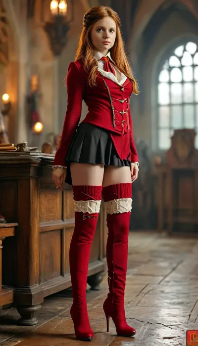 Ginny Weasley, Griffindor, full body, high, heels, sexy, heel, 15, cm, boots, <lora:398313_training_data:.8>, <lora:MJ52:.8>, WhiteRealStockings, <lora:WhiteRealStockings_XL:.8>