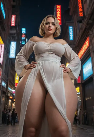 (((tight fitting red long dress))), thin lips, (((blonde short hair in square hair))), stunning beauty, beautiful face, detailed face, detailed, skinny skin, (oversized thick thighs:1.4), medium silicone perky breasts, (((medium silicone perky breasts:1.5))), bitting lip, waist, (oversized wide hips:1.5), (((body view from below))), night neon city, empty street, neon city lights, white high heels, hands on hips, sexy pose