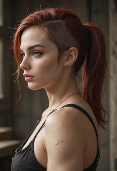 woman punk elf medieval, Red hair sidecut, rough, muscles, dirty skin, Punk, 3lf, woman, portrait, blue, hair, ponytail, jewelry, <lora:Punk_Elf:.8>