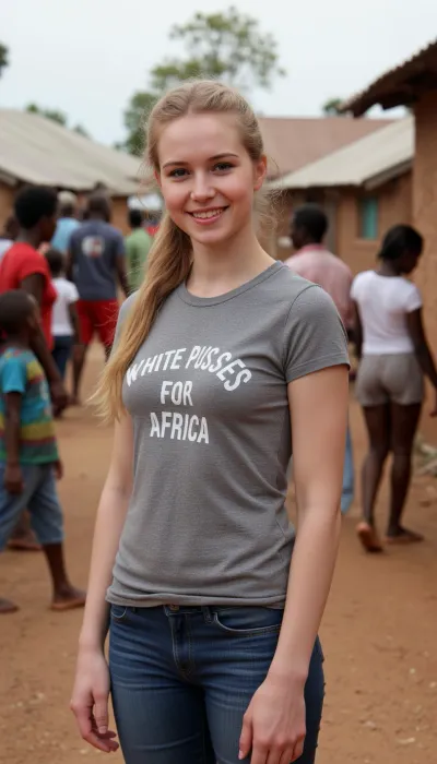 A 19 year old German woman, wearing jeans and t-shirt, smiling, blonde ponytail, is standing in a crowded African slum. Her t-shirt is printed with text "WHITE PUSSIES FOR AFRICA".