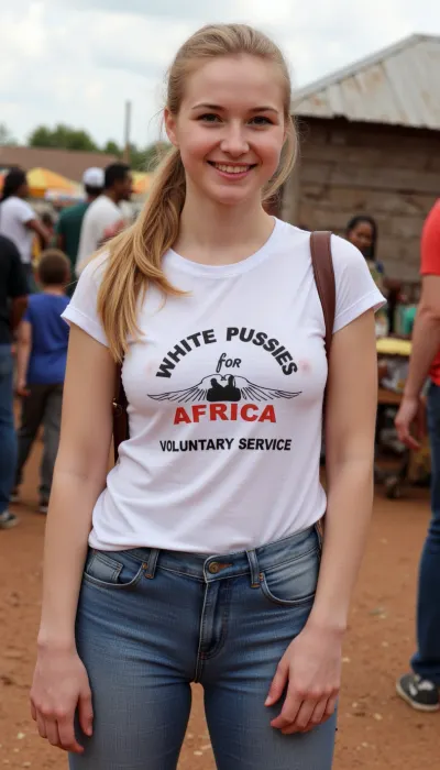A 19 year old German woman, wearing jeans and t-shirt, smiling, blonde ponytail, is standing in a crowded African slum. Her t-shirt is printed with text "WHITE PUSSIES FOR AFRICA. VOLUNTARY SERVICE.".