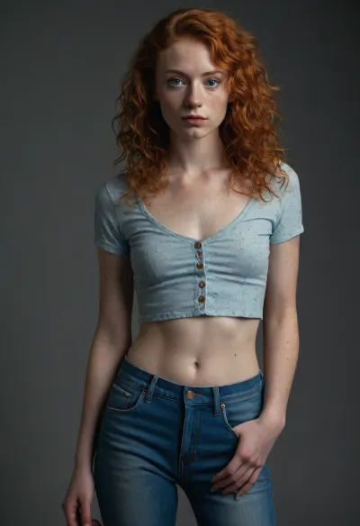 Full body shot, 20 year old ginger girl, lots of freckles, light red hair, very curly hair, mullet, small upturned nose, high cheekbones, angular face, finch-like, thin lips, big eyes, skinny body, lanky body, thin crop tops shirt, no bra, pointy nipples, pokey, low-cut baggy blue jeans